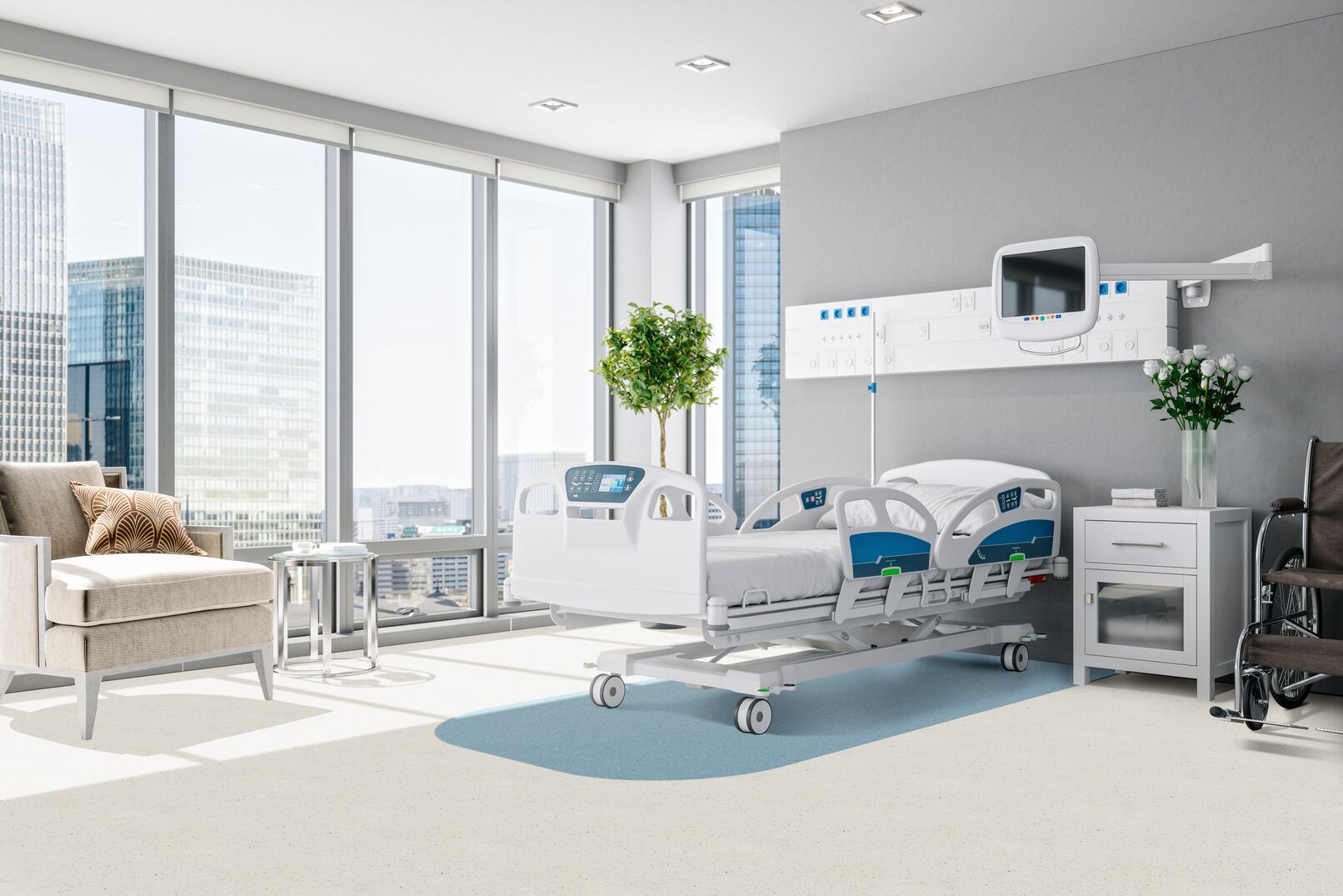 Patient room in a hospital; homogeneous sheet; room features human-centered design vs. a clinical approach