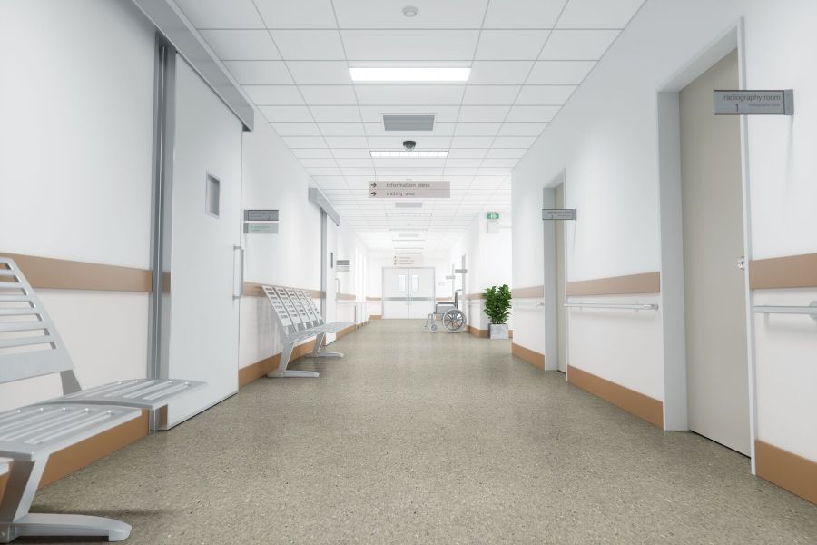 Corridor in a healthcare facility; commercial vinyl sheet