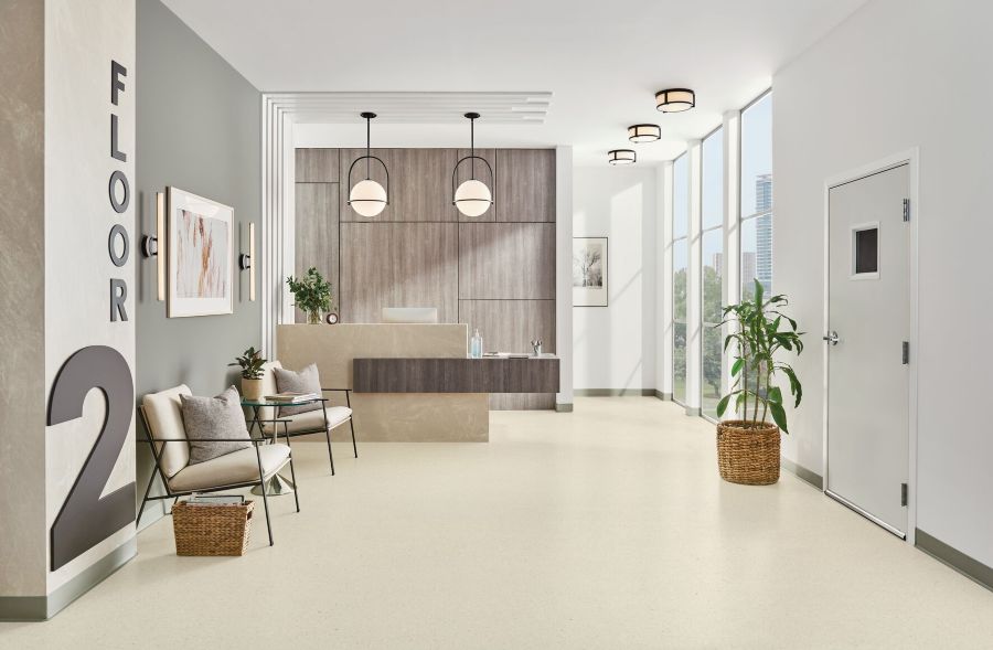 Lobby area on a second floor; commercial sheet vinyl flooring