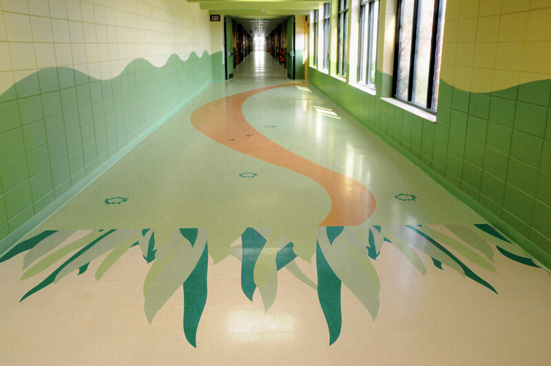 Hallway with a unique waterjet image