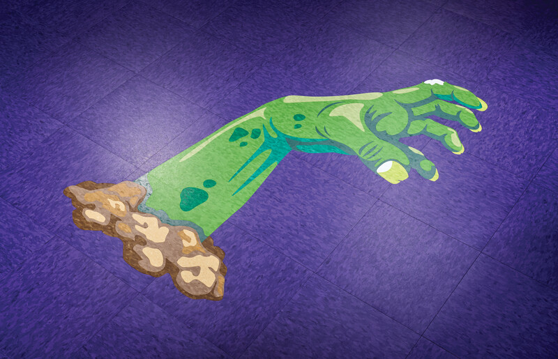 Waterjet cutting image of a green hand coming out of the VCT