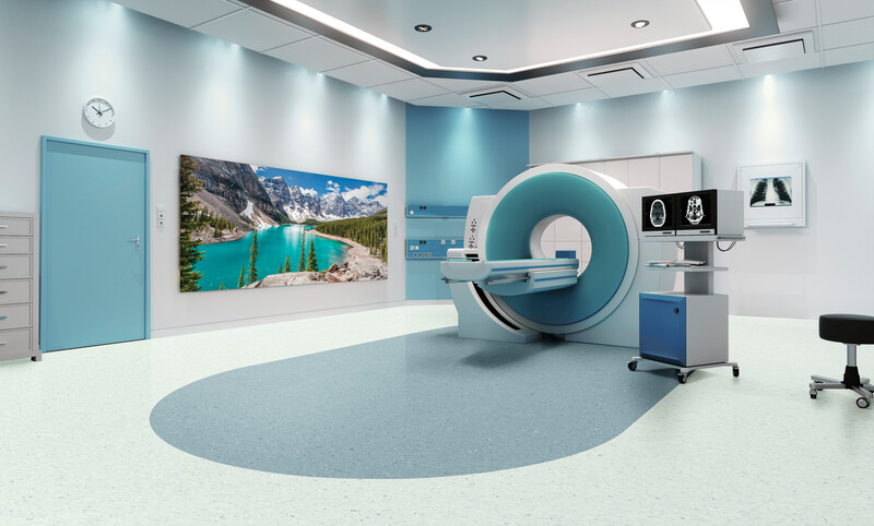 Medical facility with an MRI unit and commercial sheet flooring using welding rods for infection control