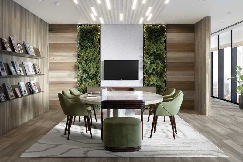 Small conference room with a table and seating with commercial sheet vinyl