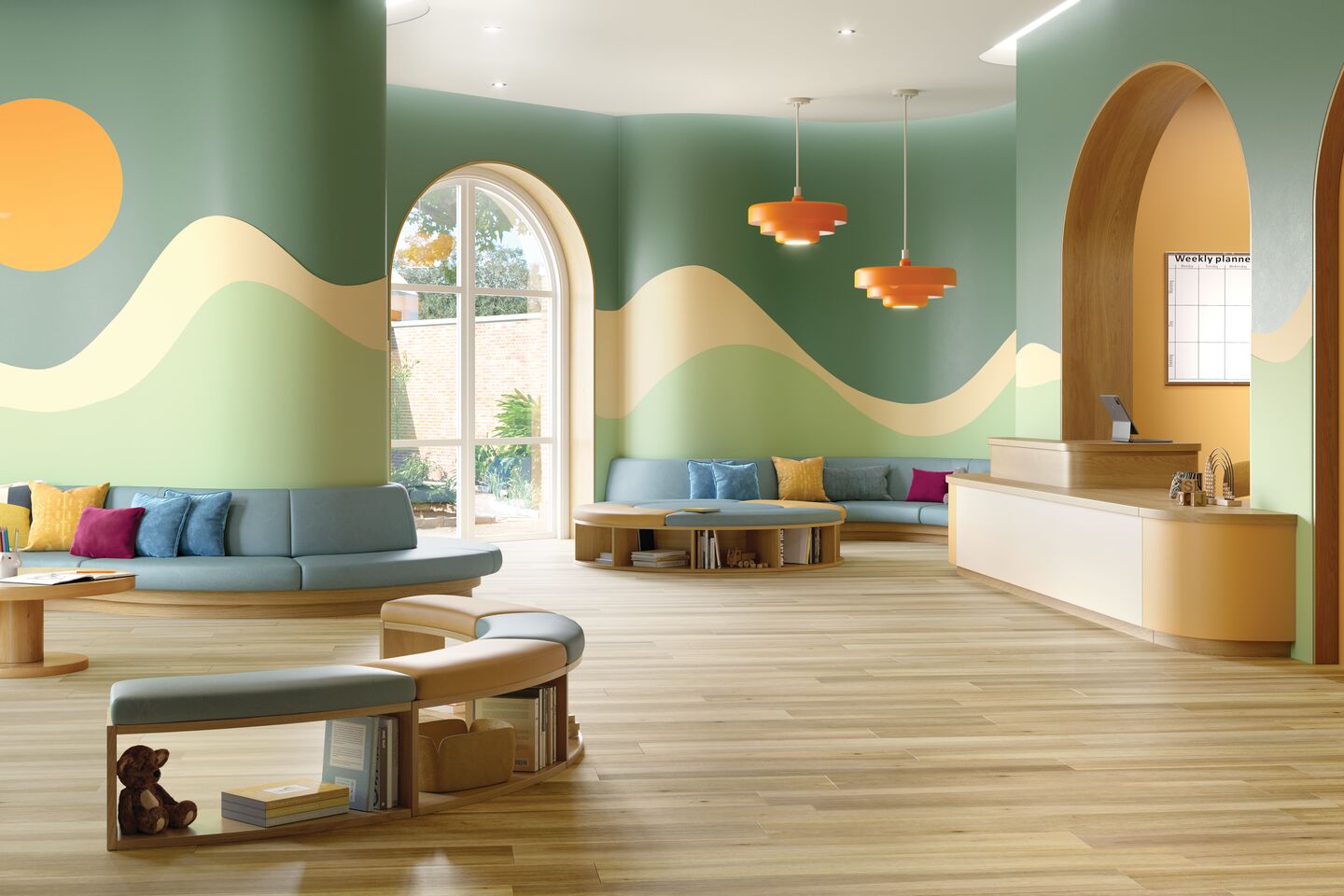 Colorful lounging area in an office building with commercial LVT flooring