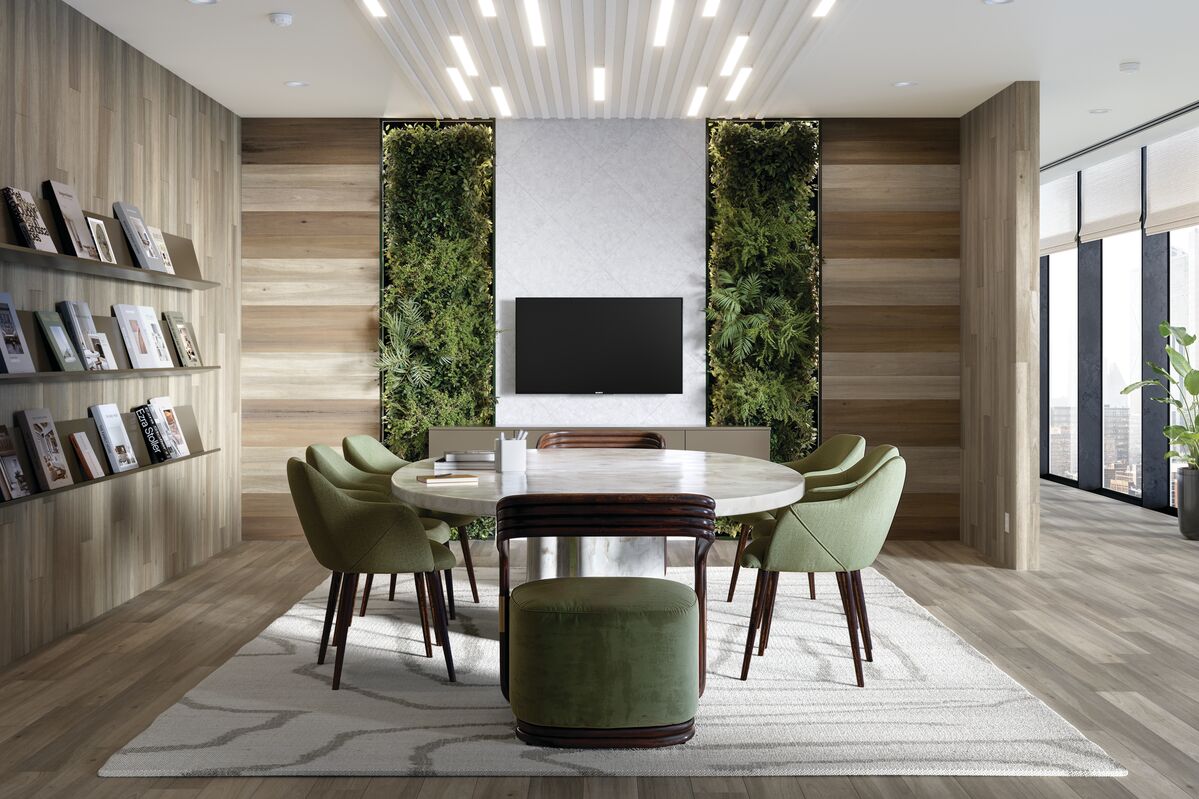 Conference room with table and chairs; Nod to Nature LVT is used for floor and wall design