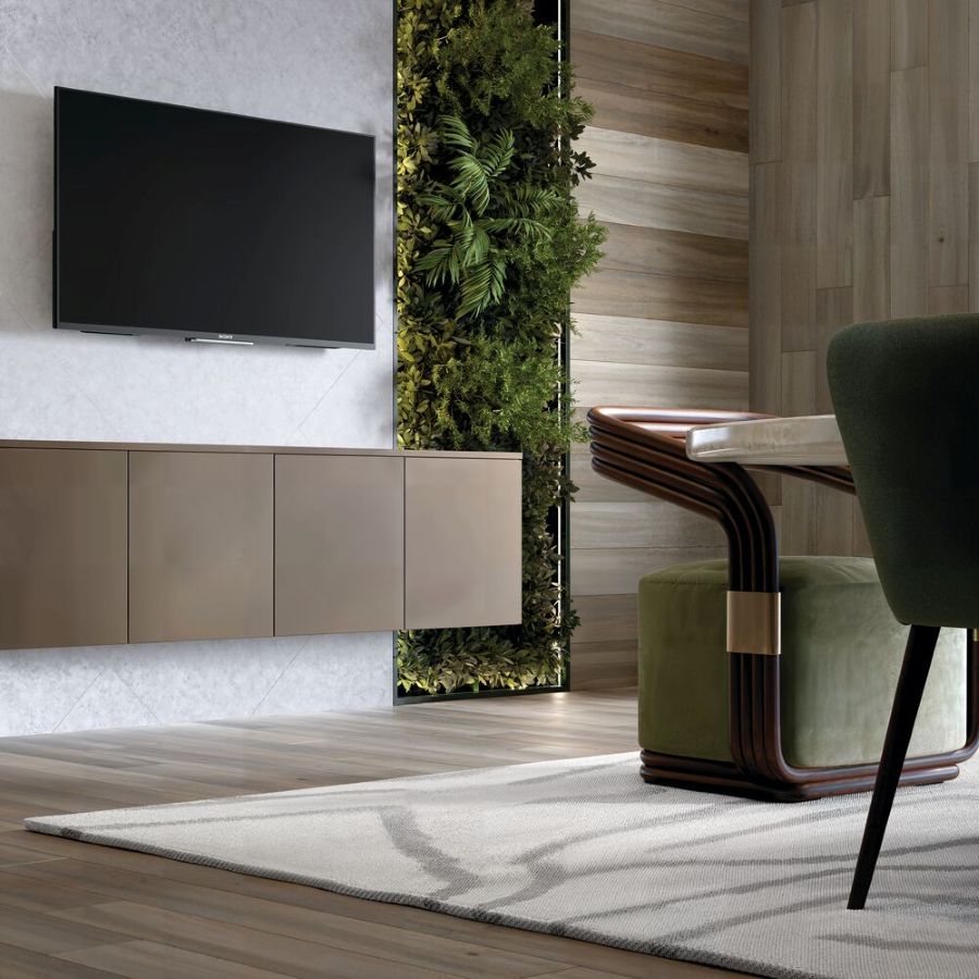 Conference room setting with Nod to Nature LVT on the walls and floor for a coordinated design